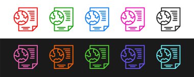 Siyah ve beyaz arkaplanda izole edilmiş belge simgesiyle Dünya çizgisini ayarlayın. Dünya ya da Dünya işareti. Küresel internet sembolü. Geometrik şekiller. Vektör