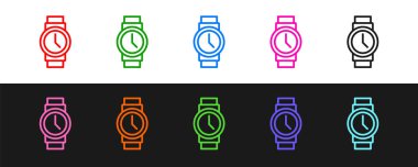 Çizgi çizgisi saat simgesini siyah beyaz arkaplanda ayır. Kol saati simgesi. Vektör