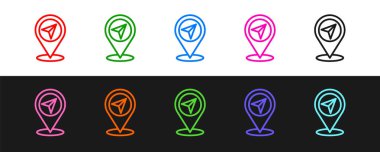 Çizgi Harita iğne simgesini siyah beyaz arkaplanda izole et. Navigasyon, işaret, konum, harita, GPS, yön, arama konsepti. Vektör