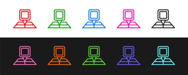 Siyah ve beyaz arkaplanda izole edilmiş konum imleci simgesi ile çizgi haritasını ayarla. Vektör