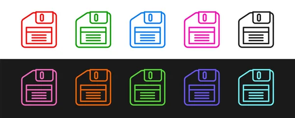Set line Diskette für Computer-Datenspeicher-Symbol isoliert auf schwarz-weißem Hintergrund. Diskettenzeichen. Vektor — Stockvektor