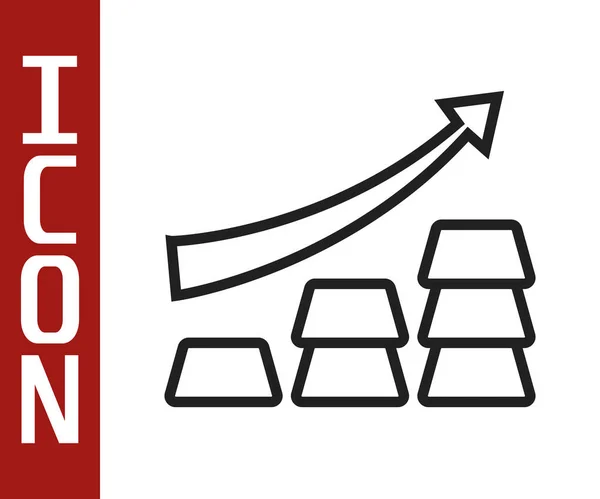 Línea negra flecha del gráfico de crecimiento de Finanzas con barras de oro icono aislado sobre fondo blanco. Concepto de éxito financiero. Concepto de inversión de oro. Vector — Vector de stock