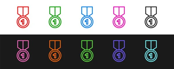 Definir linha Ícone de medalha de ouro isolado em fundo preto e branco. Símbolo do vencedor. Vetor —  Vetores de Stock