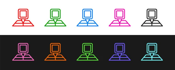 Set line Faltkarte mit Ortsmarkierungssymbol isoliert auf schwarzem und weißem Hintergrund. Vektor — Stockvektor