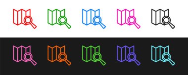 Satır Arama konumu simgesini siyah ve beyaz arkaplanda izole et. İşaretli büyüteç. Vektör