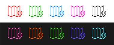 Siyah ve beyaz arkaplanda izole edilmiş konum imleci simgesi ile çizgi haritasını ayarla. Vektör