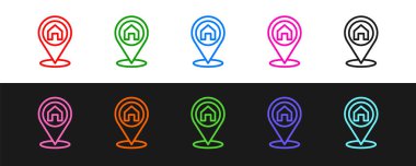 Siyah ve beyaz arkaplanda izole edilmiş ev simgesi olan çizgi haritası işaretçisini ayarla. Ev konumu belirleyici sembol. Vektör