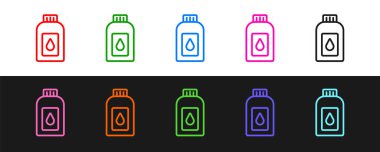 Motor makine yağı ikonu için siyah beyaz arka planda izole edilmiş hat kutusunu ayarlayın. Benzin bidonu. Yağ değiştirme ve onarım servisi. Vektör