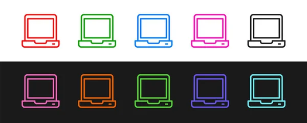 Impostare linea Laptop icona isolata su sfondo bianco e nero. Quaderno del computer con segno dello schermo vuoto. Vettore — Vettoriale Stock