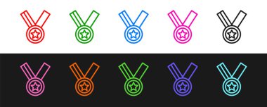 Madalya simgesini siyah beyaz arkaplanda izole et. Kazanan başarı işareti. Ödül madalyası. Vektör