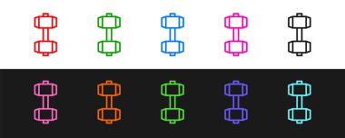 Dumbbell simgesini siyah beyaz arkaplanda ayır. Kas kaldırma, fitness halteri, spor malzemeleri. Vektör
