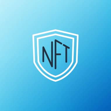 Mavi arkaplanda NFT kalkan simgesi izole edildi. Para iadesi olmayan jeton. Dijital kripto sanat konsepti. Renkli taslak konsepti. Vektör