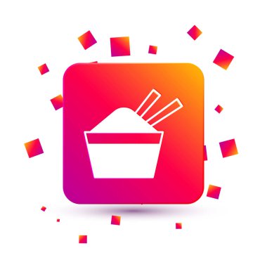 Beyaz arka planda izole edilmiş yemek çubuğu ikonu olan bir kasede beyaz pirinç. Geleneksel Asya yemekleri. Kare renk düğmesi. Vektör