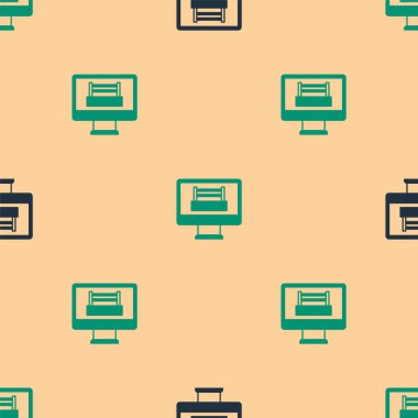 Televizyon ekranı ikonunda yeşil ve siyah boks ringi gösterimi bej arka planda izole edilmiş kusursuz desen. Vektör