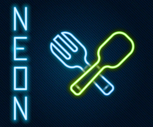 Glowing neon line Crossed fork and spoon icon isolated on black background. Cooking utensil. Cutlery sign. Colorful outline concept. Vector — Stock Vector