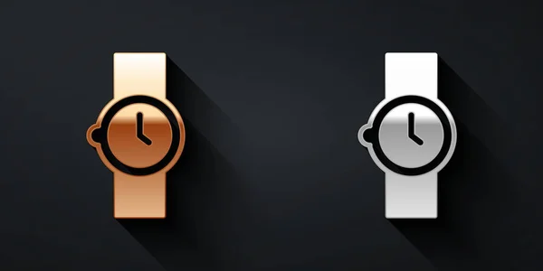 Zlaté a stříbrné hodinky ikona izolované na černém pozadí. Ikona hodinek. Dlouhý stínový styl. Vektor — Stockový vektor