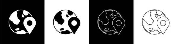 Establecer ubicación en el icono del globo aislado sobre fondo blanco y negro. Signo del mundo o la Tierra. Vector — Vector de stock