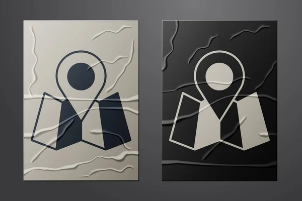 Weiße Faltkarte mit Ortsmarkierungssymbol isoliert auf zerknittertem Papierhintergrund. Papierkunst. Vektor — Stockvektor