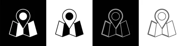 Set Faltkarte mit Ortsmarkierungssymbol isoliert auf schwarzem und weißem Hintergrund. Vektor — Stockvektor