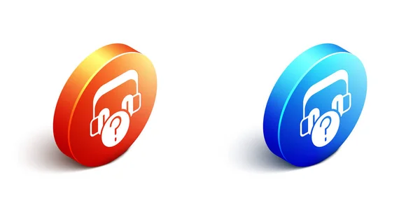 Izometrická sluchátka s ikonou otázky izolované na bílém pozadí. Podpora zákaznického servisu, horké linky, call centra, faq, údržba. Oranžový a modrý knoflík. Vektor — Stockový vektor