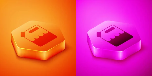 Isometrischer Kanister für Benzinsymbol isoliert auf orangefarbenem und rosa Hintergrund. Diesel-Ikone. Sechseck-Taste. Vektor — Stockvektor