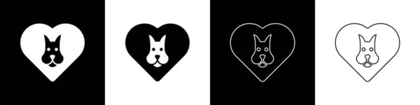 Set Corazón con icono de perro aislado sobre fondo blanco y negro. Pata de mascota en el corazón. Amor a los animales. Vector — Vector de stock