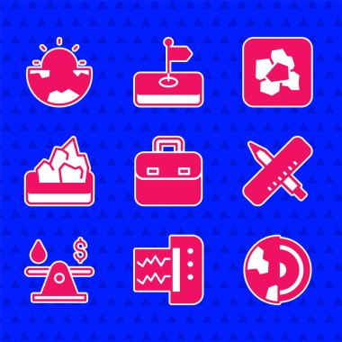 Çanta, sismograf, Dünya 'nın ana yapı kabuğu çapraz cetvel ve kalem, petrol parası, maden ocağı, altın külçesi ve simge. Vektör