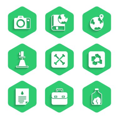 Arkeoloji, evrak çantası, maden ocağı, altın külçesi, yağ atma belgesi, Tacheometre, theodolite, dünyanın konumu ve fotoğraf makinesi ikonu. Vektör