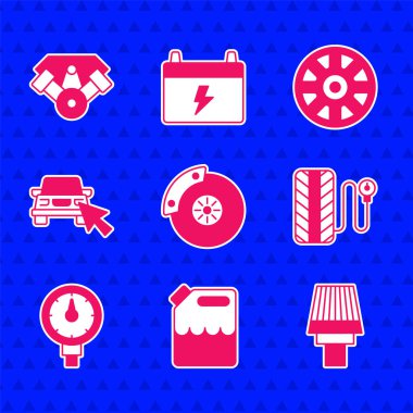 Otomobil fren diskini kalibreli ayarlayın, benzin, hava filtresi, lastik basıncı göstergesi, çevrimiçi araba paylaşımı, Alaşımcı tekerlek ve güç motoru simgesi. Vektör