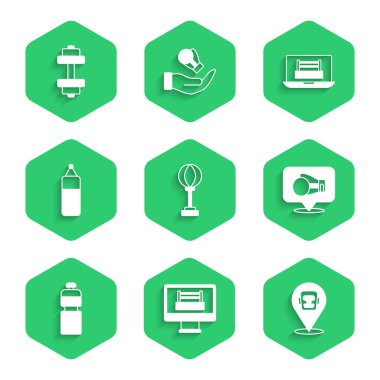 Kum torbası, boks yüzüğü, kask, eldiven, fitness aleti ve Dumbbell ikonu. Vektör