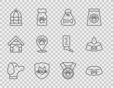 Set hattı Dog, kedi ya da köpek için evcil hayvan yemek kasesi, kemikli tasma, hayvan sağlığı sigortası, kafes kuşları, yer belirleme veterineri hastanesi, ödül sembolü ve ikon. Vektör