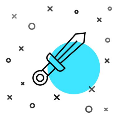 Siyah çizgi Ortaçağ kılıç ikonu beyaz arka planda izole edilmiş. Ortaçağ silahı. Rastgele dinamik şekiller. Vektör