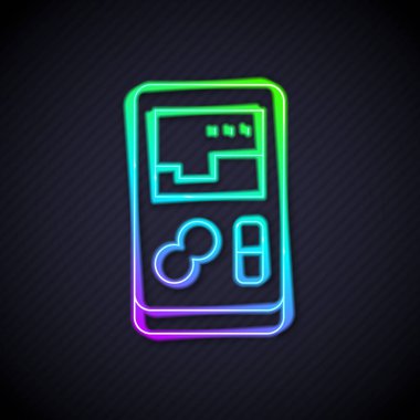 Parlayan neon hattı taşınabilir oyun konsolu simgesi siyah arkaplanda izole edildi. El bilgisayarı oyun konsolu. Vektör