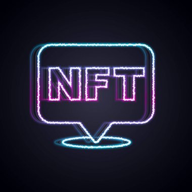 Parlayan neon hattı NFT dijital şifreleme resim simgesi siyah arkaplanda izole edildi. Para iadesi olmayan jeton. Vektör