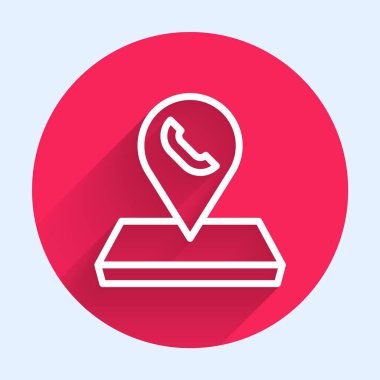 Telefon ya da iletişim simgesine sahip beyaz çizgi haritası işaretçisi uzun gölge arkaplanı ile izole edilmiş. Merkeze haber verin. Kırmızı daire düğmesi. Vektör