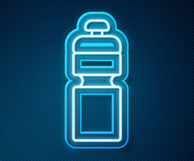 Parlayan neon hattı fitness karıştırıcı ikonu mavi arkaplanda izole edildi. Su ve protein kokteylleri için kapaklı spor karıştırıcı şişesi. Vektör