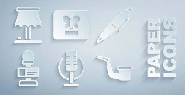 Set Microphone, Pen, Smoking pipe, Butterfly a frame and Table lamp icon. Vector — Stock Vector