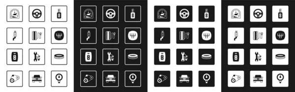 Set Autosleutel met afstandsbediening, Bandenspanningsmeter, demper, Motorgas, Versnellingsbak, Stuurwiel, luchtfilter en icoon. Vector — Stockvector