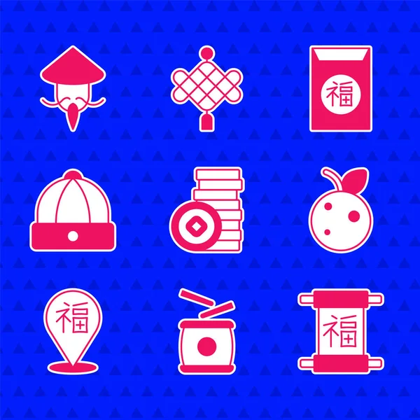 中国人民元の通貨、ドラム、新年、桃の果物やネクタリン、帽子、アジアの円錐形のわらのアイコンを設定します。ベクトル — ストックベクタ