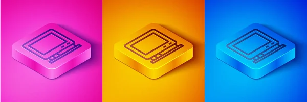 Isometric line Retro tv icon isolated on pink and orange, blue background. Television sign. Square button. Vector — Stock Vector