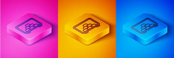 Isometric line Safe with gold bars icon isolated on pink and orange, blue background. Precious metals on deposit in bank. Metallic treasury. Reliable data protection. Square button. Vector — Stock Vector
