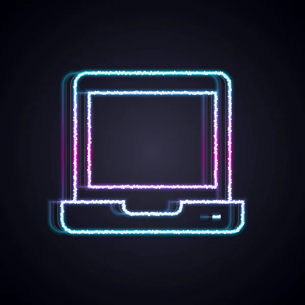 Icono brillante de la computadora portátil de línea de neón aislado sobre fondo negro. Computadora portátil con pantalla vacía. Vector — Vector de stock