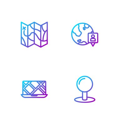 Line Push pimi, şehir haritası navigasyonu, katlanmış ve dünyanın konumu. Renk simgeleri. Vektör