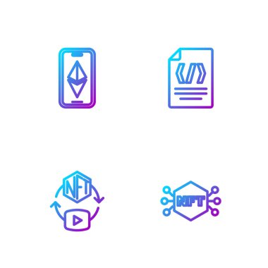 NFT Dijital Şifreleme Sanatı, Ethereum ETH ve İkili Kod satırını ayarla. Renk simgeleri. Vektör