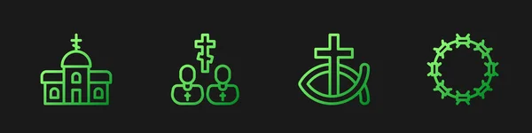 Set line Christian fish, Church building, Priest and Crown of thorns. Gradient color icons. Vector — Stock Vector