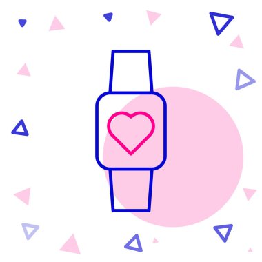 Line Smart saati beyaz arkaplanda kalp atışı simgesini gösteriyor. Fitness uygulaması konsepti. Renkli taslak konsepti. Vektör