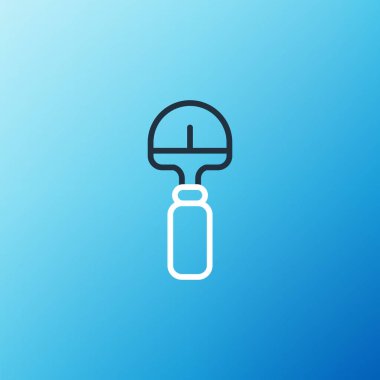 Mavi arkaplanda çizgi küreği simgesi izole edildi. Bahçe aletleri. Bahçecilik, tarım, çiftçilik aleti. Renkli taslak konsepti. Vektör