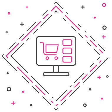 Ekran bilgisayar simgesinde çizgi alışveriş arabası beyaz arkaplanda izole edildi. Konsept e-ticaret, e-ticaret, online iş pazarlama. Renkli taslak konsepti. Vektör