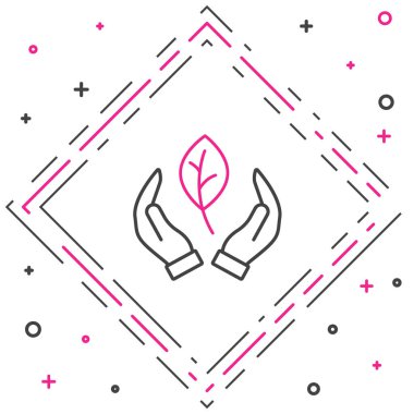 Çizgi El, beyaz arkaplanda izole edilmiş bitki simgesinden bir yaprak tut. Doğayı koru. Yaprak, çevre korumasıyla çekiliyor. Renkli taslak konsepti. Vektör