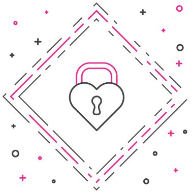 Beyaz arka planda izole edilmiş, kalp ikonu şeklinde bir Çizgi Kalesi. Kilitli Kalp. Aşk sembolü ve anahtar deliği işareti. Sevgililer günün kutlu olsun. Renkli taslak konsepti. Vektör